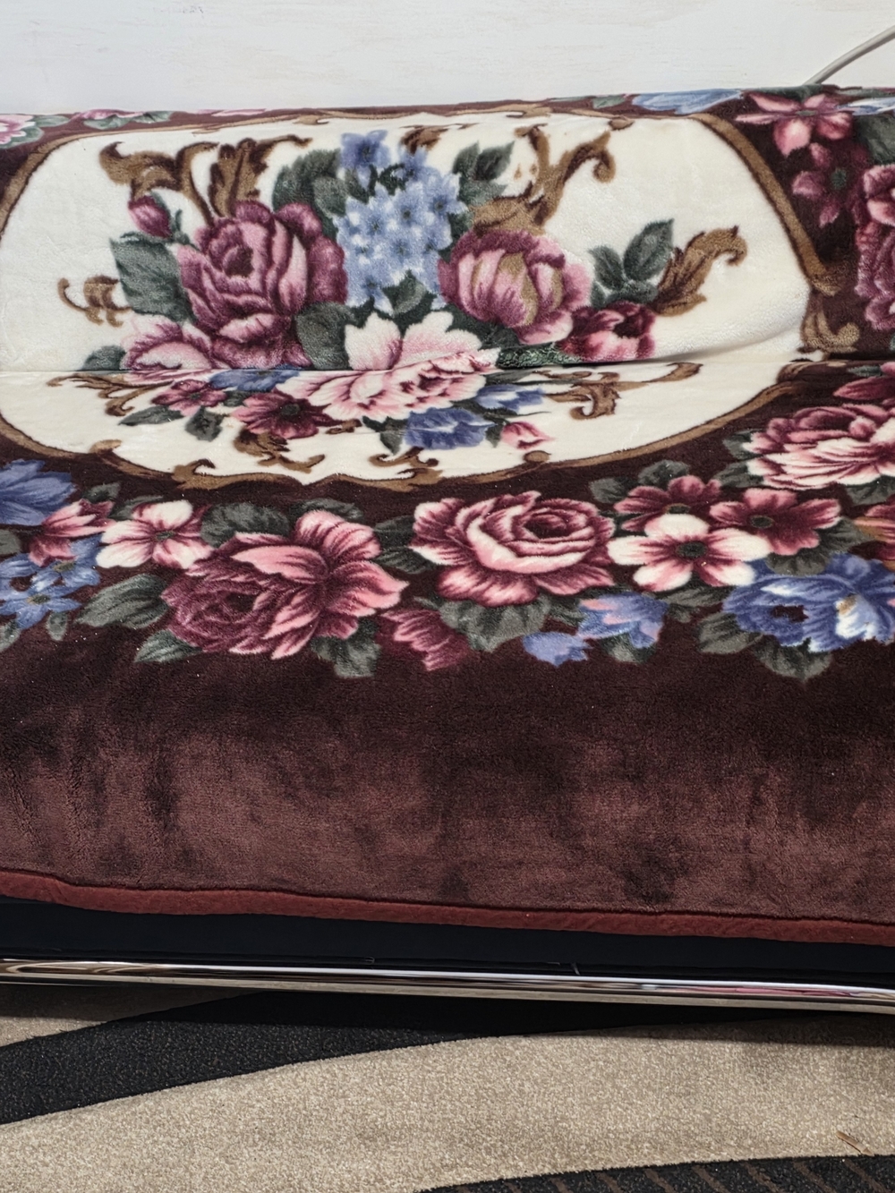 Plush Floral Throw Blanket in Burgundy and Cream